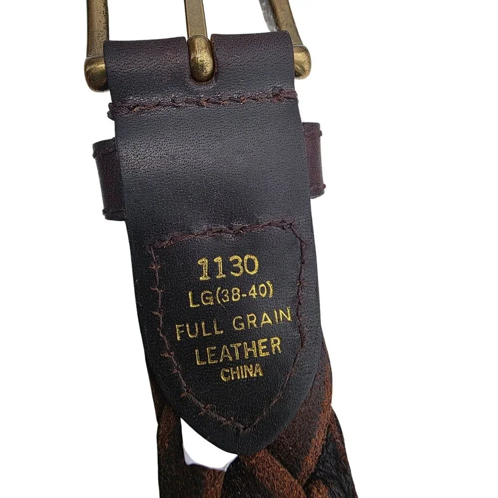 Brown Braided Leather Belt With Solid Brass Buckle LG (38-40) Full Grain Leather